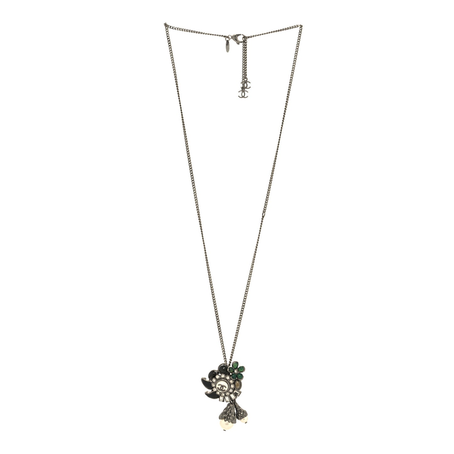 Gripoix Poured Glass Baguette Crystal Pearl CC Pendant Necklace Silver Black Green