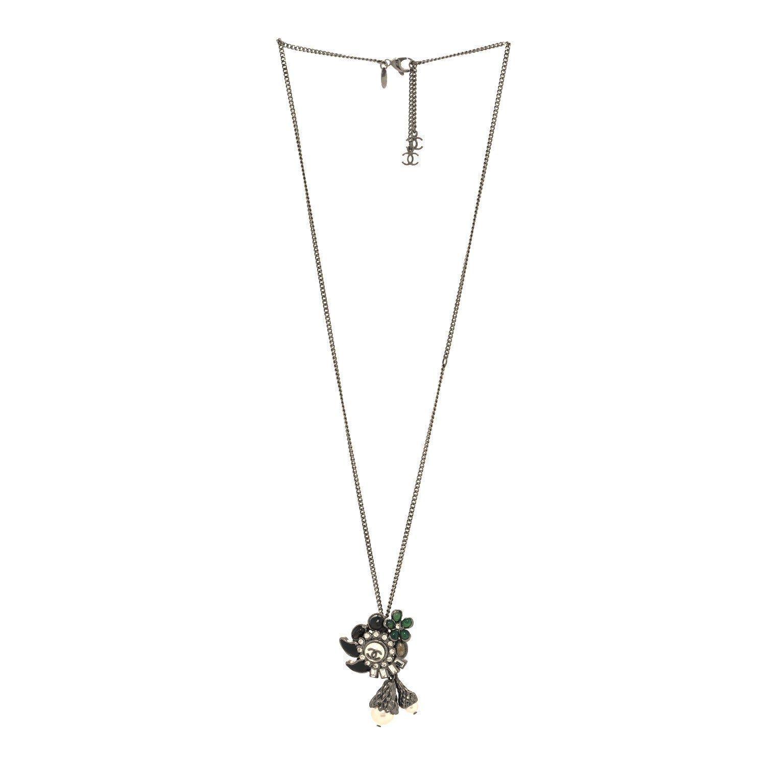 Chanel Gripoix Poured Glass Baguette Crystal Pearl CC Pendant Necklace Silver Black Green 3 of 5