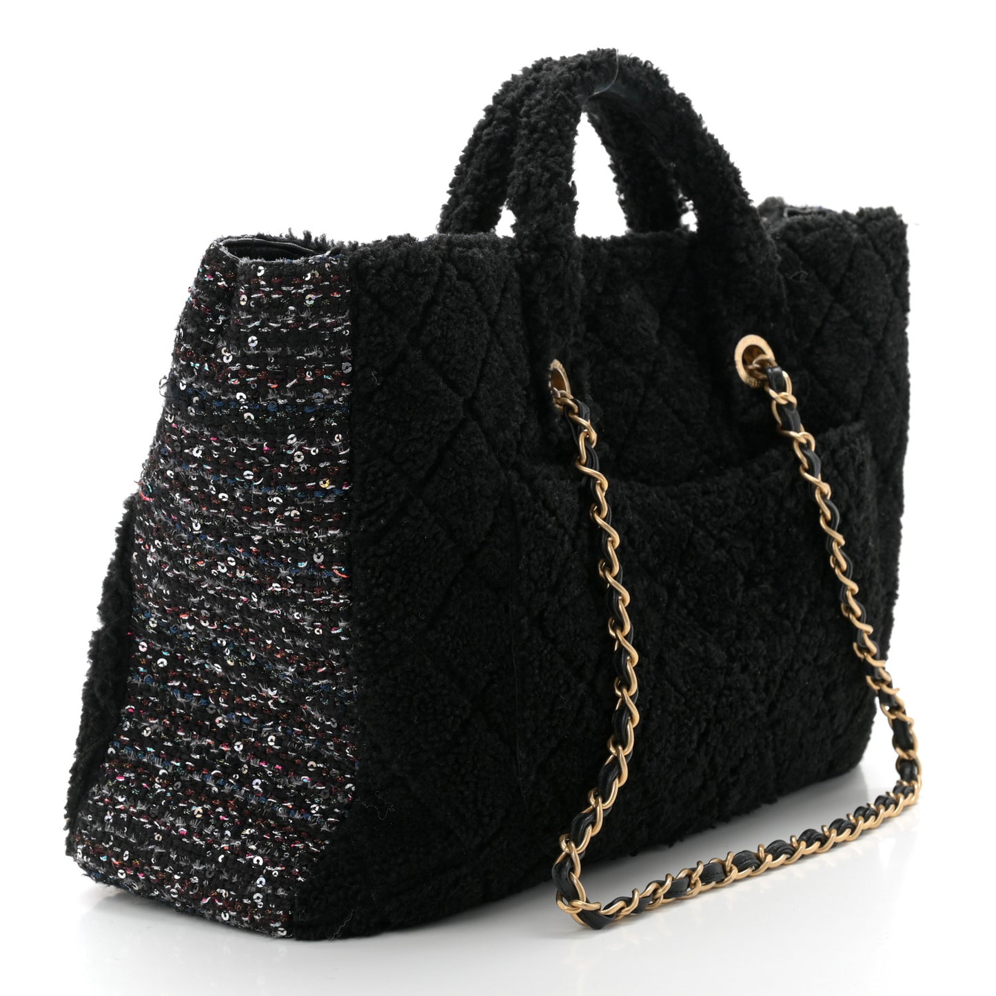 Shearling Sequin Tweed Shopper Tote Black