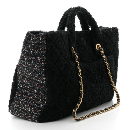 Chanel Shearling Sequin Tweed Shopper Tote Black 3 of 11