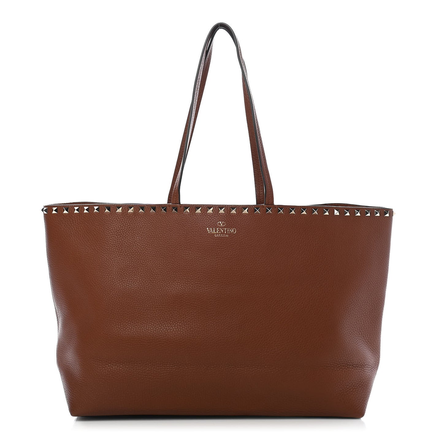 Grained Calfskin Rockstud Shoulder Tote Bright Cognac