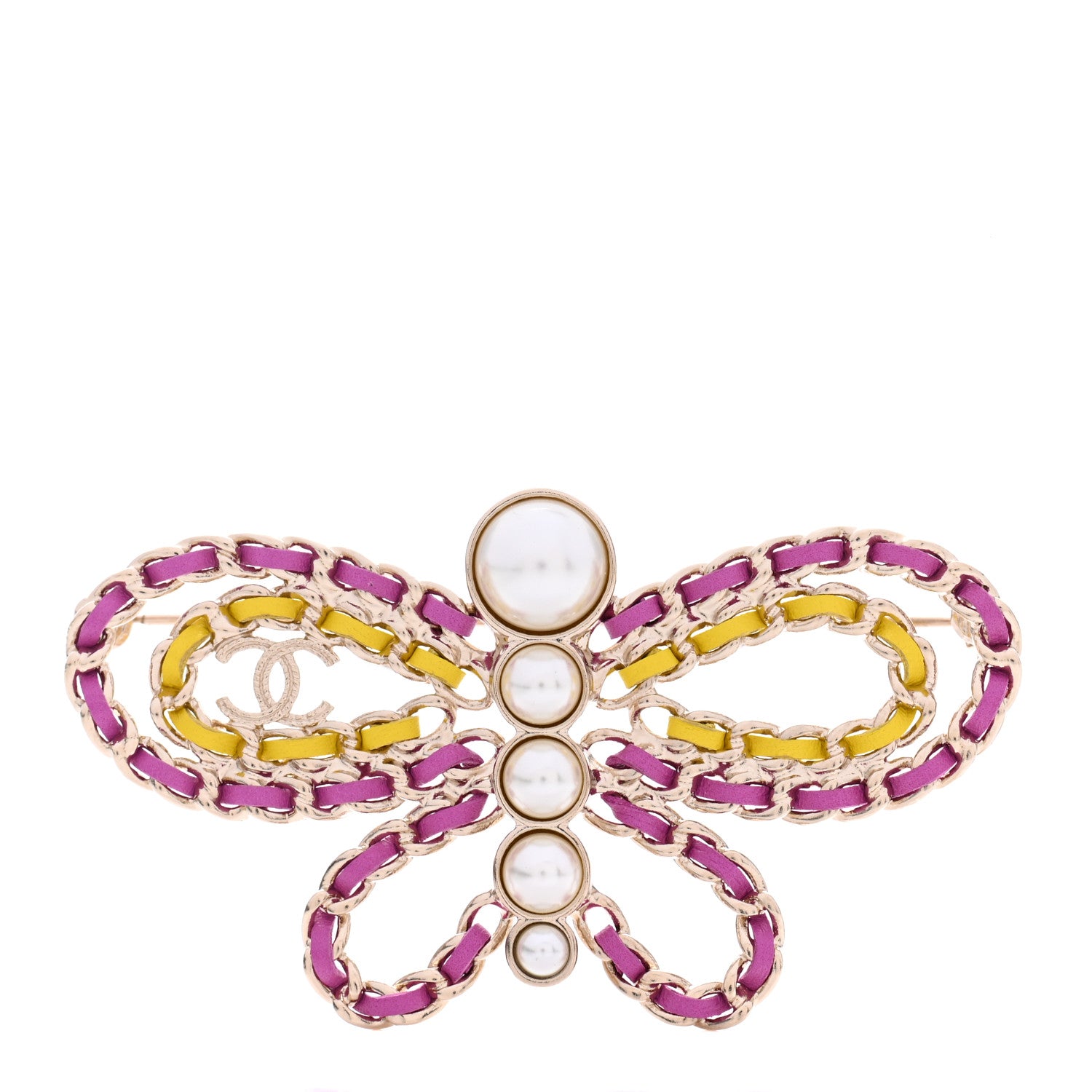 Chanel Lambskin Chain Pearl CC Butterfly Brooch Pink Yellow Gold 1 of 5