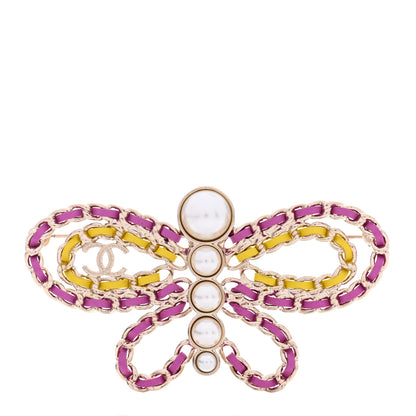 Chanel Lambskin Chain Pearl CC Butterfly Brooch Pink Yellow Gold 1 of 5