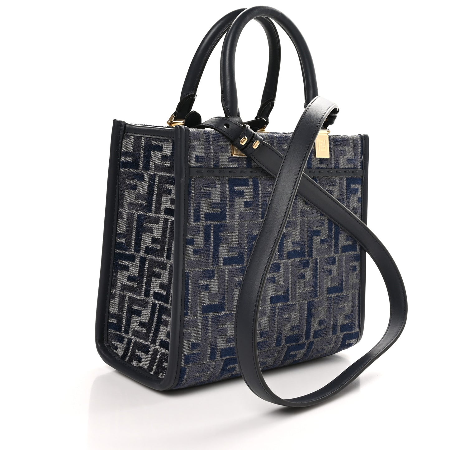 Chenille Vitello Grace FF Embroidered Small Fendi Sunshine Shopper Tote Dark Blue Grey