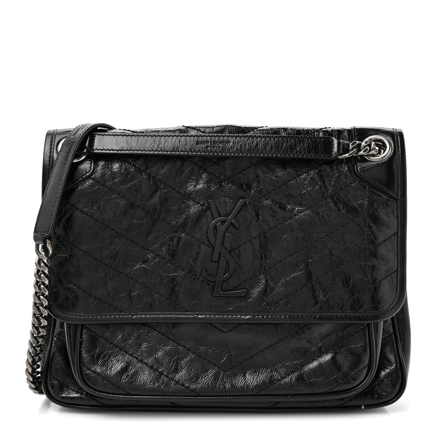 Saint Laurent Crinkled Calfskin Matelasse Monogram Medium Niki Chain Satchel Black 1 of 11