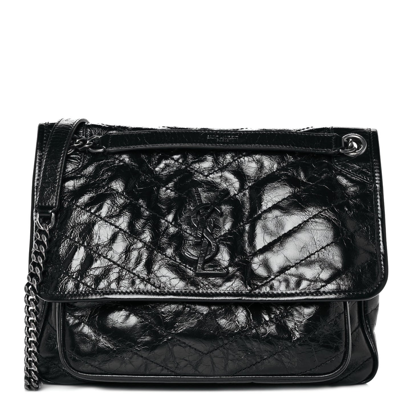 Crinkled Calfskin Matelasse Monogram Medium Niki Chain Satchel Black