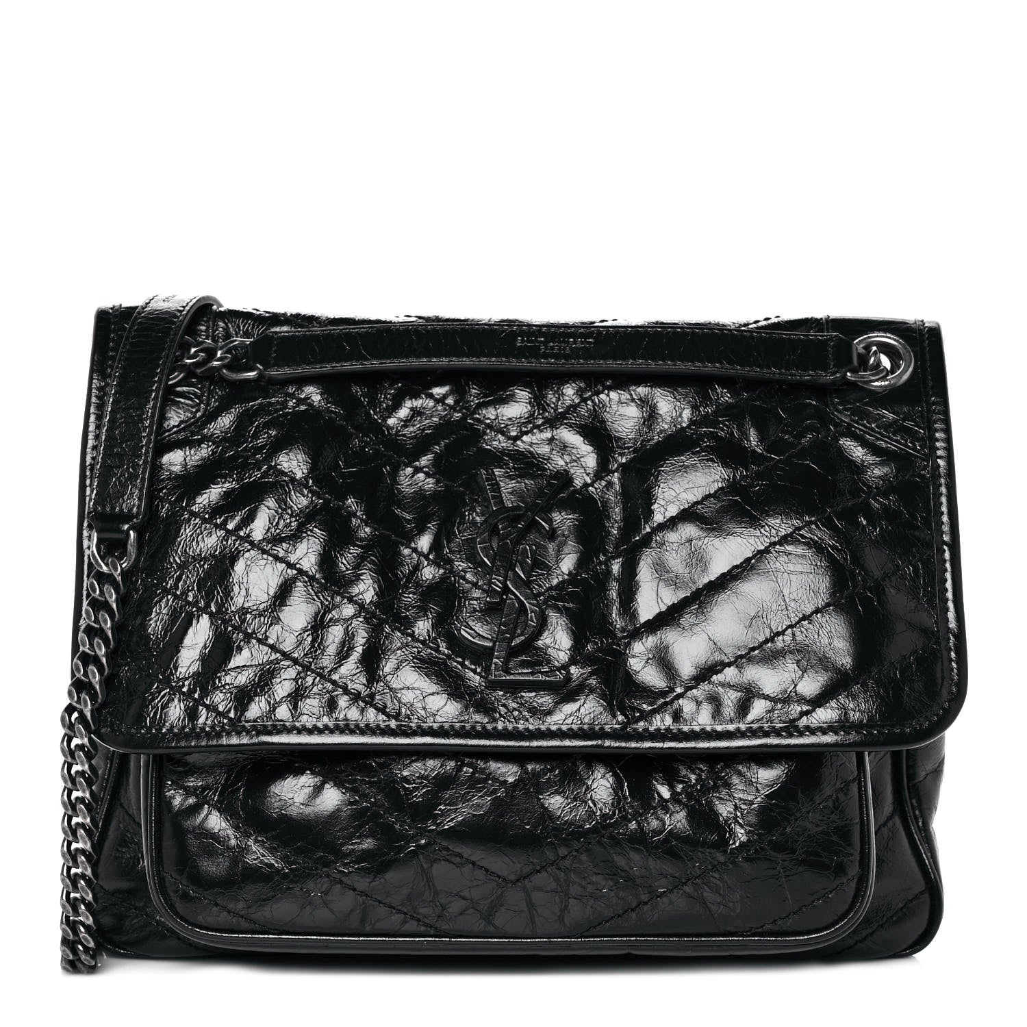 Saint Laurent Crinkled Calfskin Matelasse Monogram Medium Niki Chain Satchel Black 1 of 9