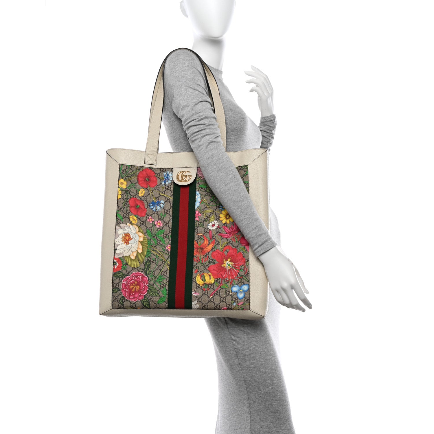 Gucci GG Supreme Monogram Flora Web Ophidia Vertical Shopping Tote White 2 of 18