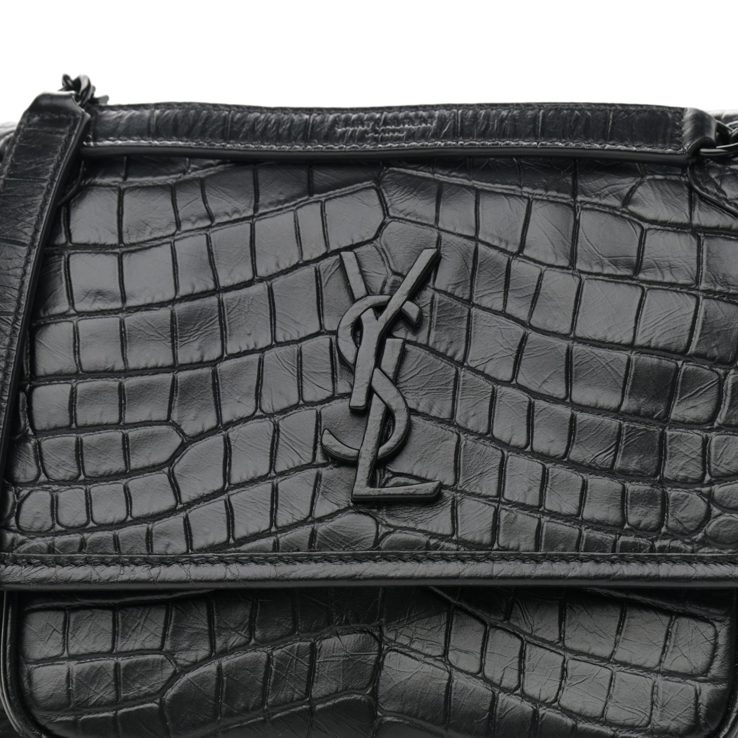Calfskin Crocodile Embossed Matelasse Monogram Baby Niki Chain Satchel Black