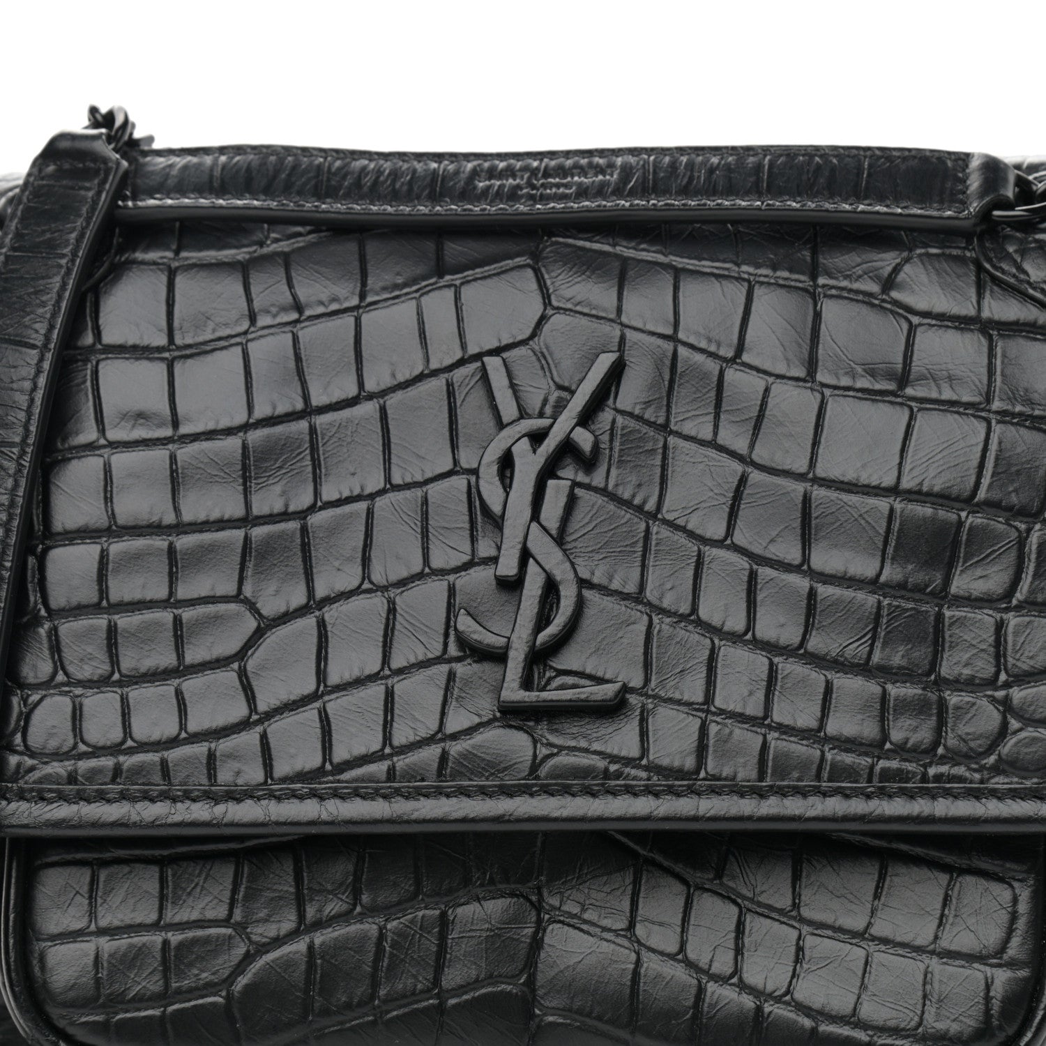Saint Laurent Calfskin Crocodile Embossed Matelasse Monogram Baby Niki Chain Satchel Black 9 of 12