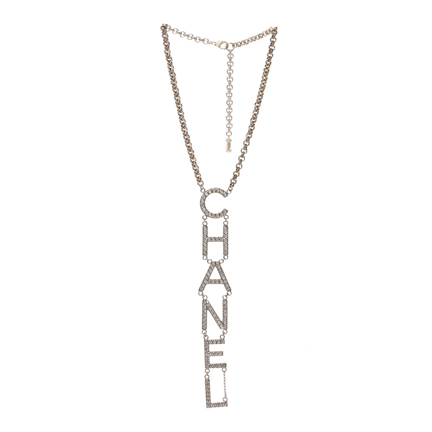 Metal Crystal Cha-Nel Logo Necklace Gold