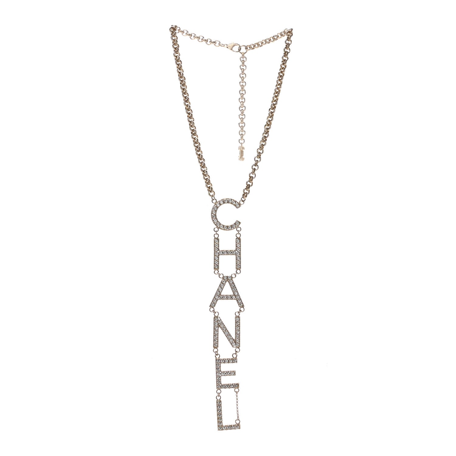 Chanel Metal Crystal Cha-Nel Logo Necklace Gold 3 of 7