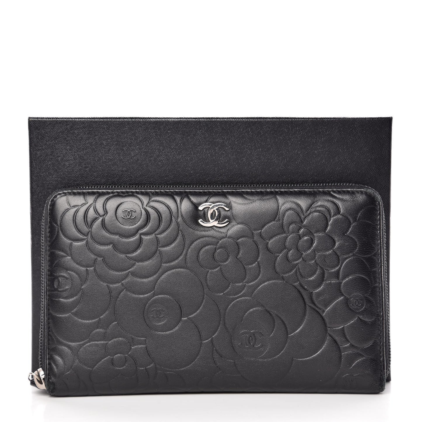 Lambskin Camellia Embossed Zip Around Organizer Wallet Black