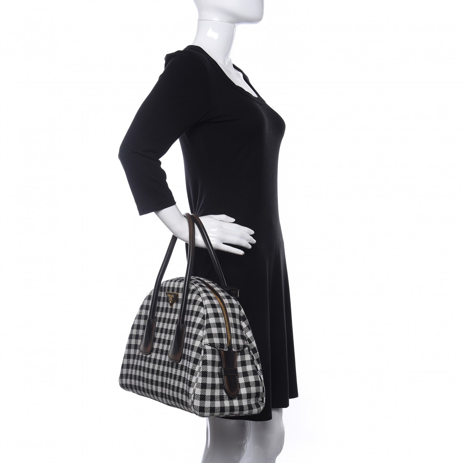Prada Jacquard Check Vitello Vintage Vichy Bowler Bag White Black 2 of 12
