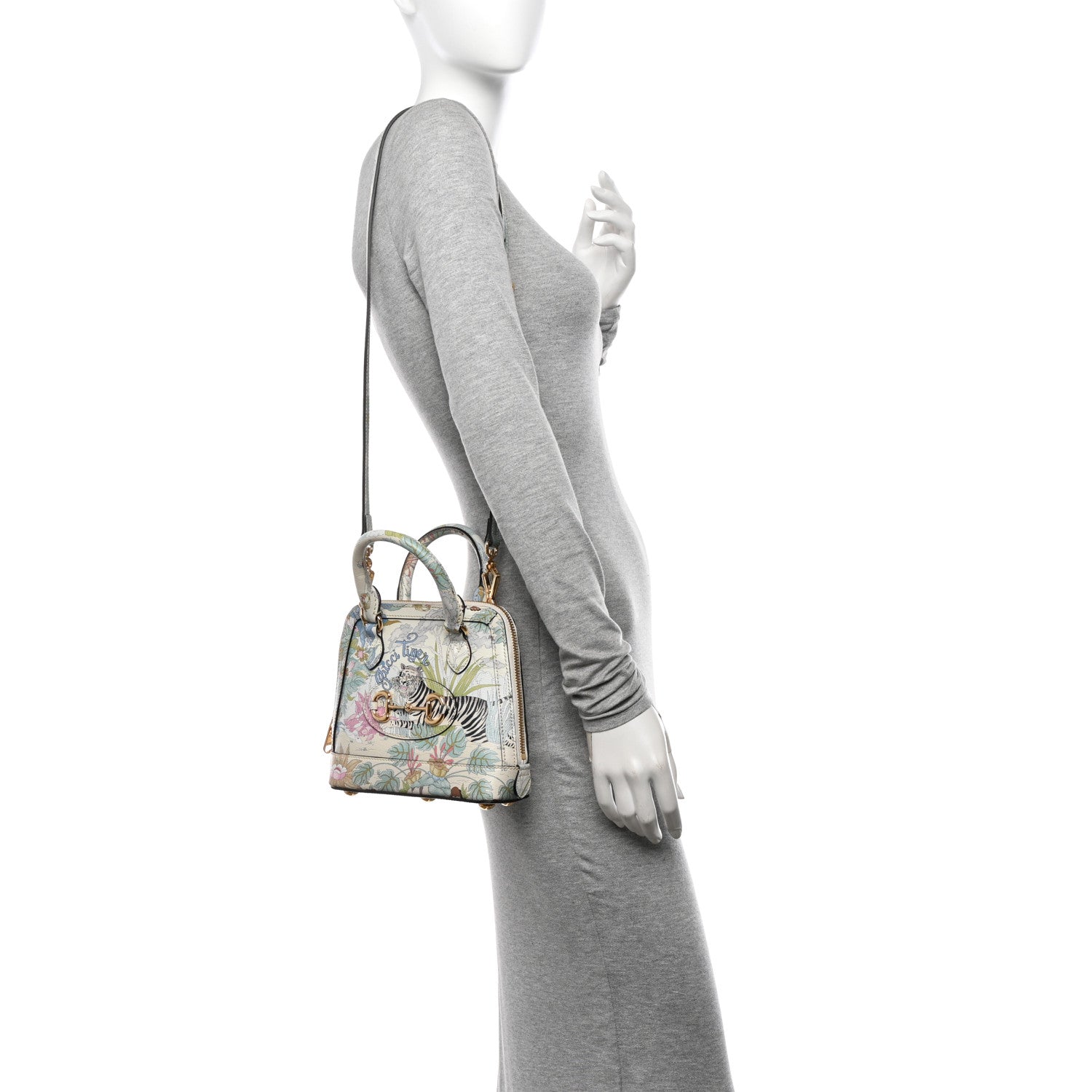 Gucci New Shangai Calfskin Tiger Savanah Web Mini Horsebit 1955 Top Handle Bag Chalky White Multicolor 2 of 10