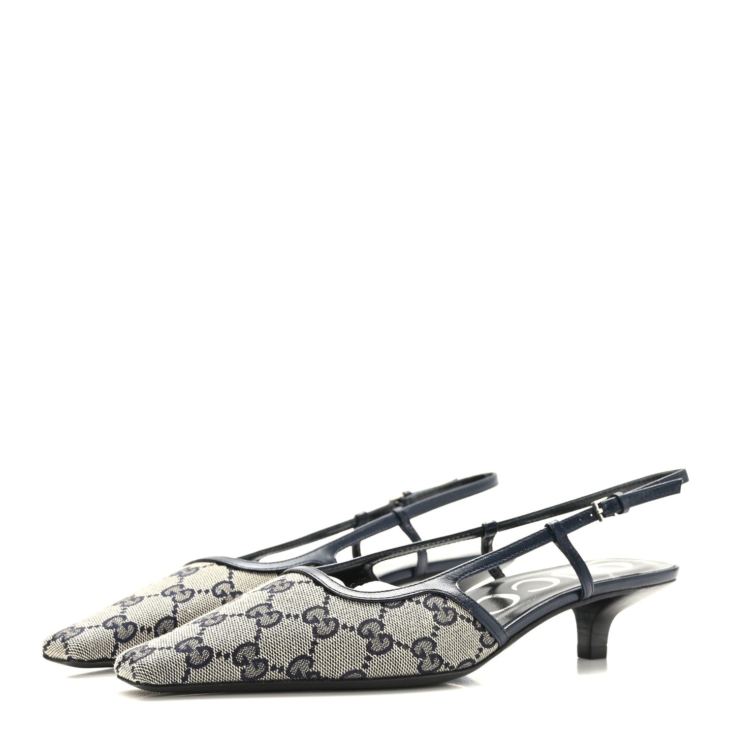 GG Monogram Malaga Kid Square G 75mm Slingback Pumps 37 Beige Blue