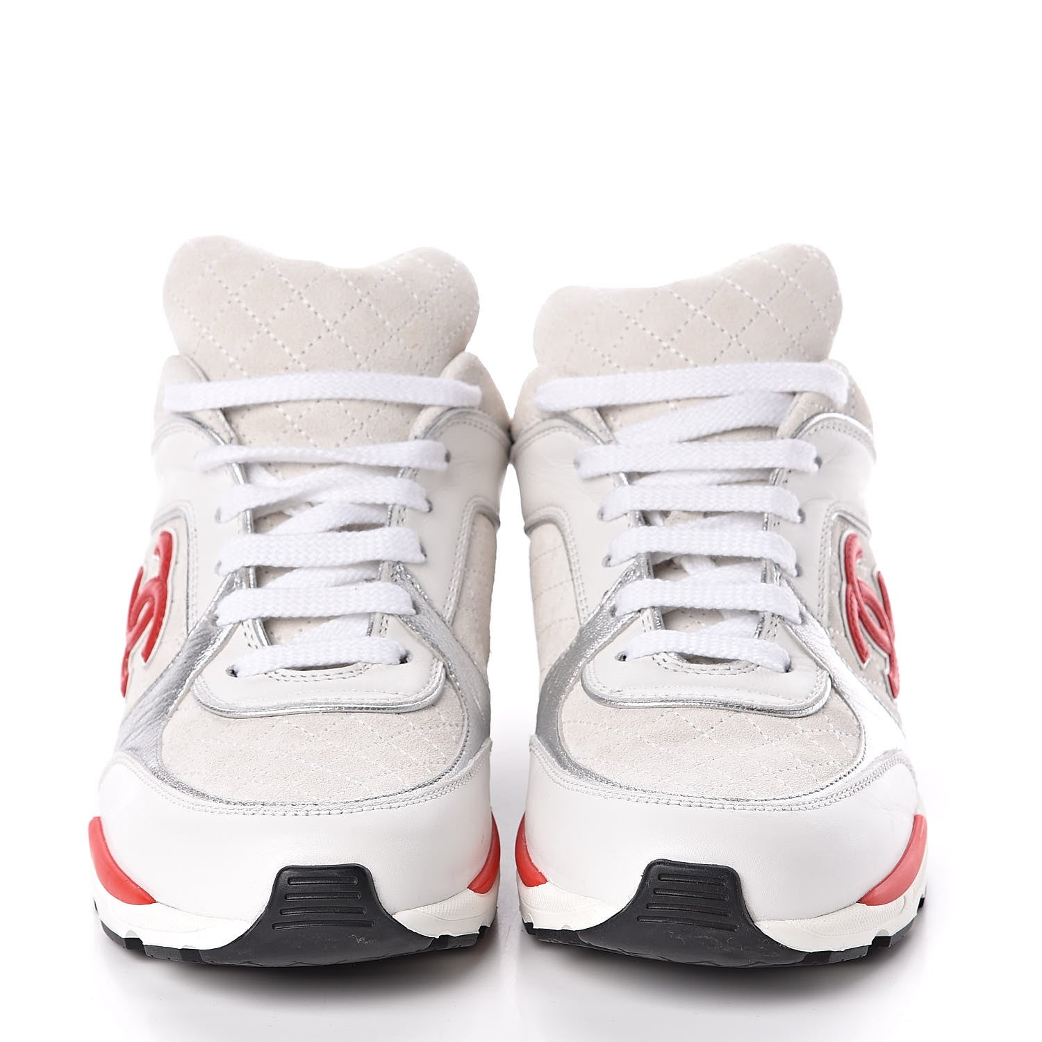 Chanel Suede Quilted CC Sneakers 38.5 Black White Red 2 of 8