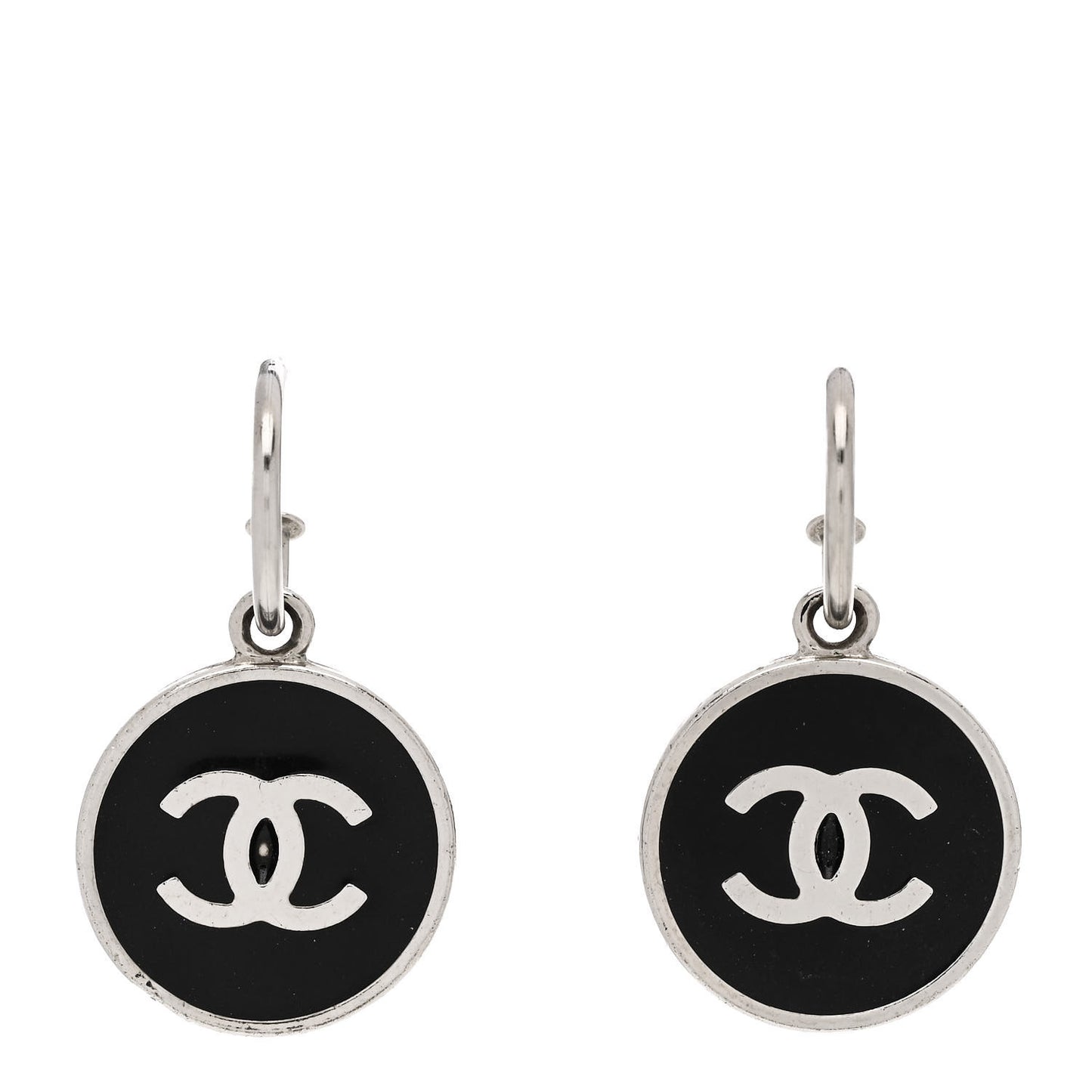 Metal Enamel CC Dangle Earrings Silver Black
