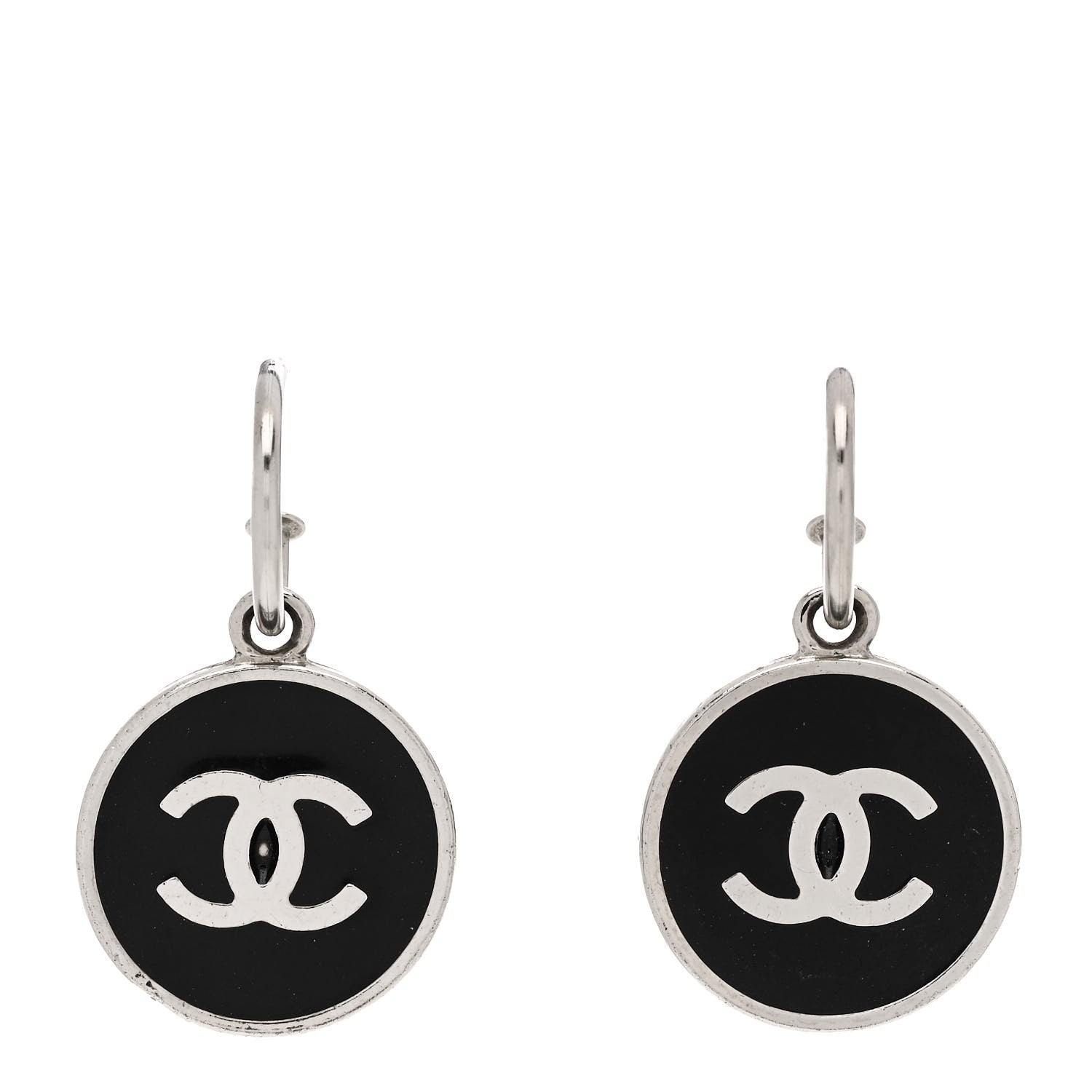 Chanel Metal Enamel CC Dangle Earrings Silver Black 1 of 6