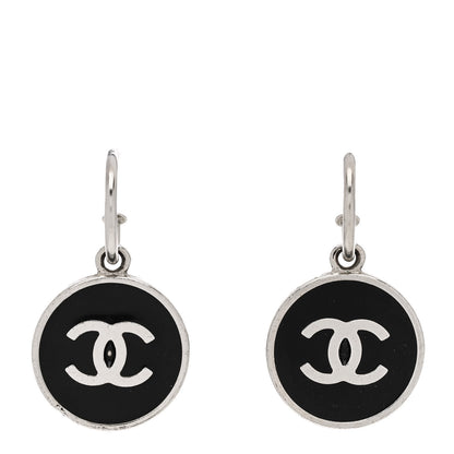 Chanel Metal Enamel CC Dangle Earrings Silver Black 1 of 6