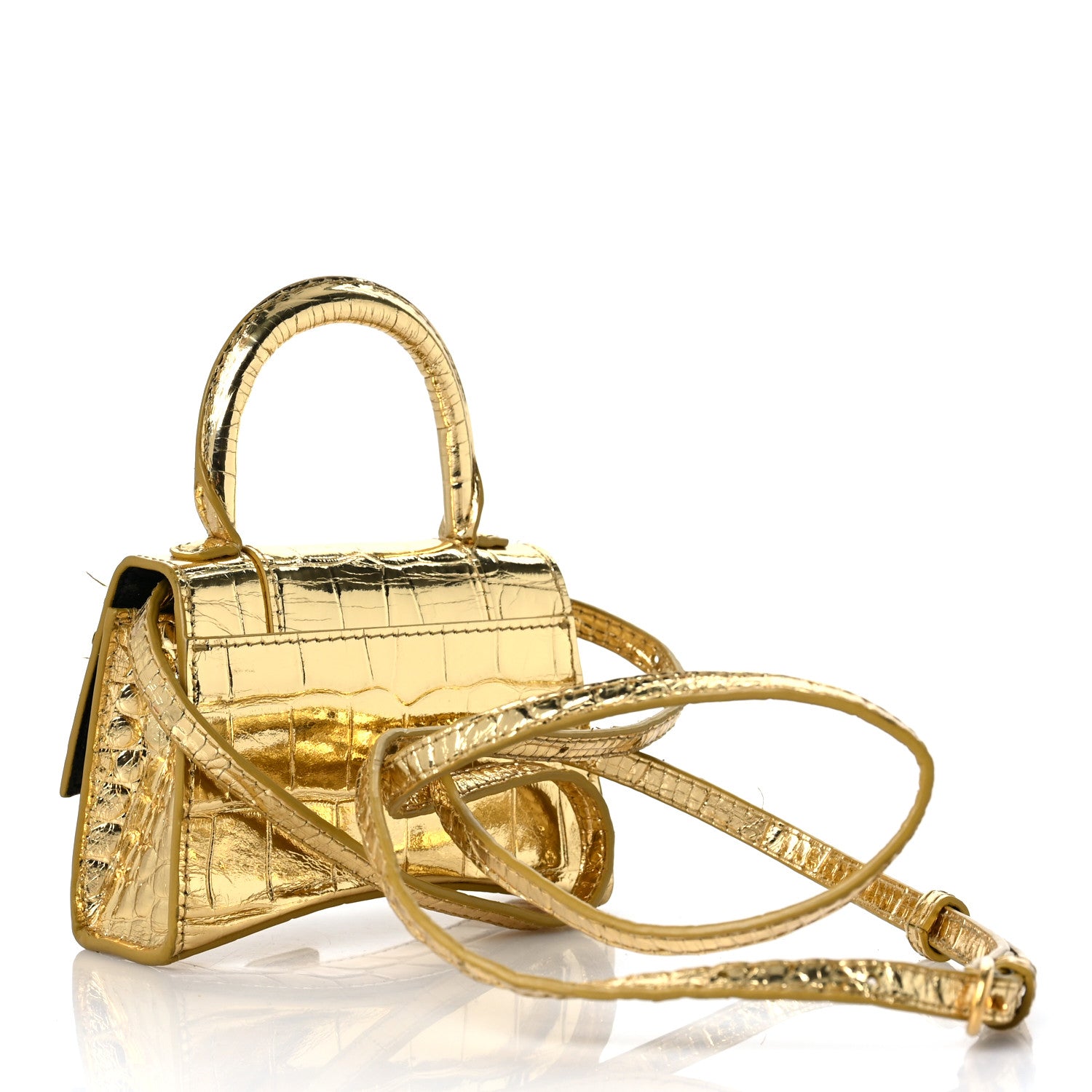 Balenciaga Metallic Calfskin Crocodile Embossed Hourglass Top Handle Bag Mini Gold 3 of 12