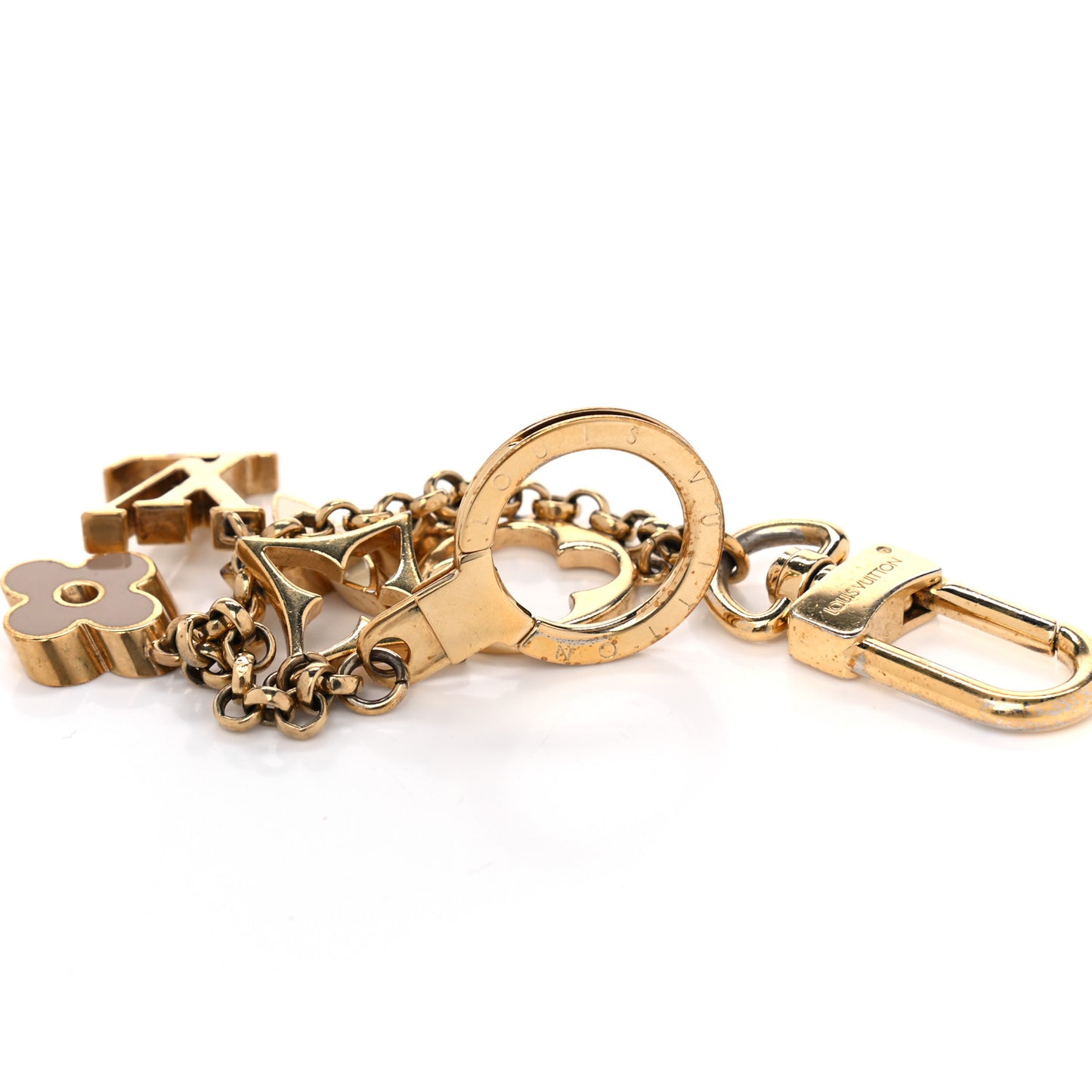 Brass Enamel Fleur De Monogram Bag Charm Chain Gold