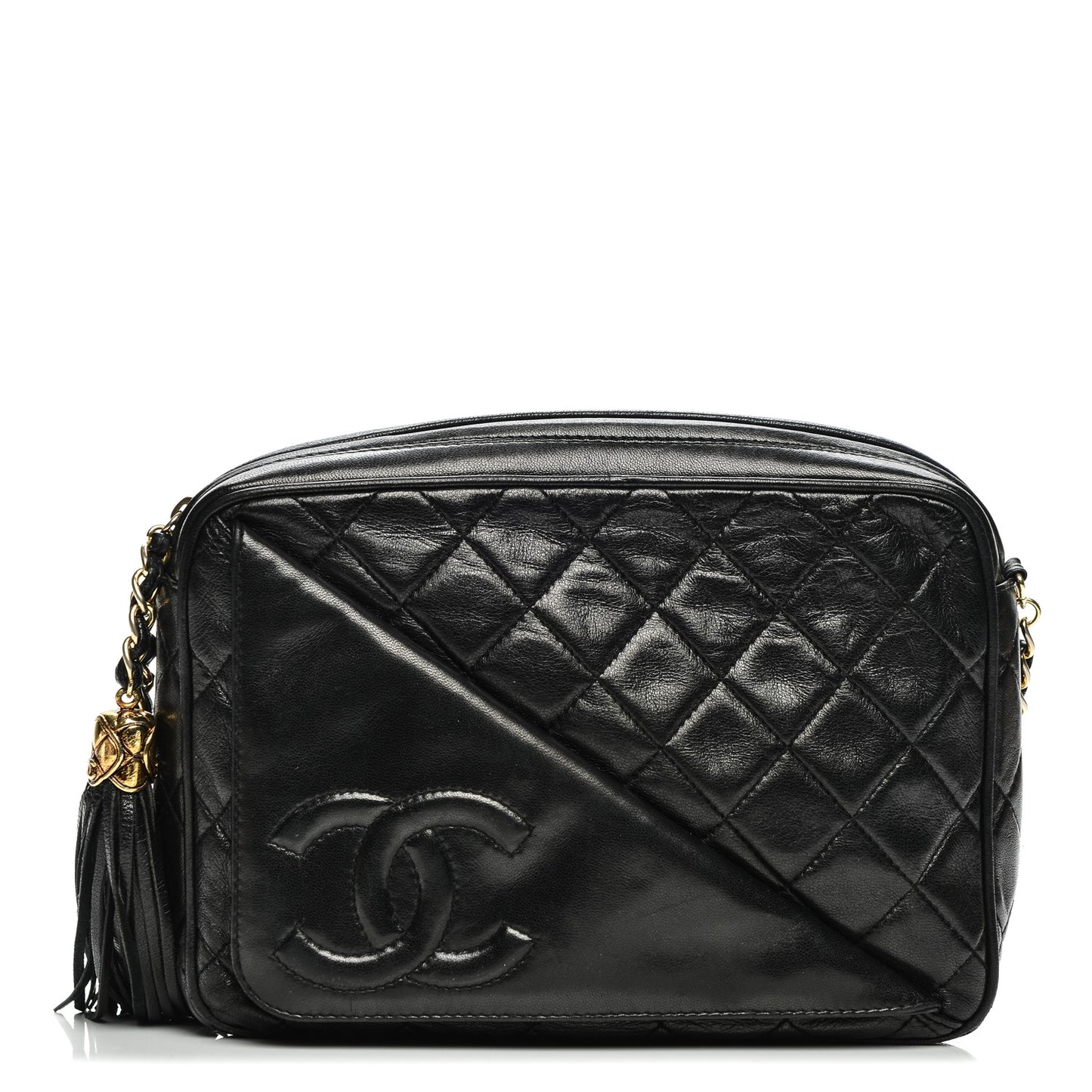 Lambskin Quilted Tassel Camera Case Black