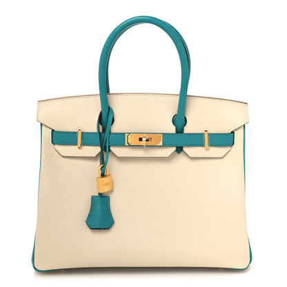 Hermes Epsom Horseshoe Bi Color Birkin 30 Craie Bleu Paon 1 of 13