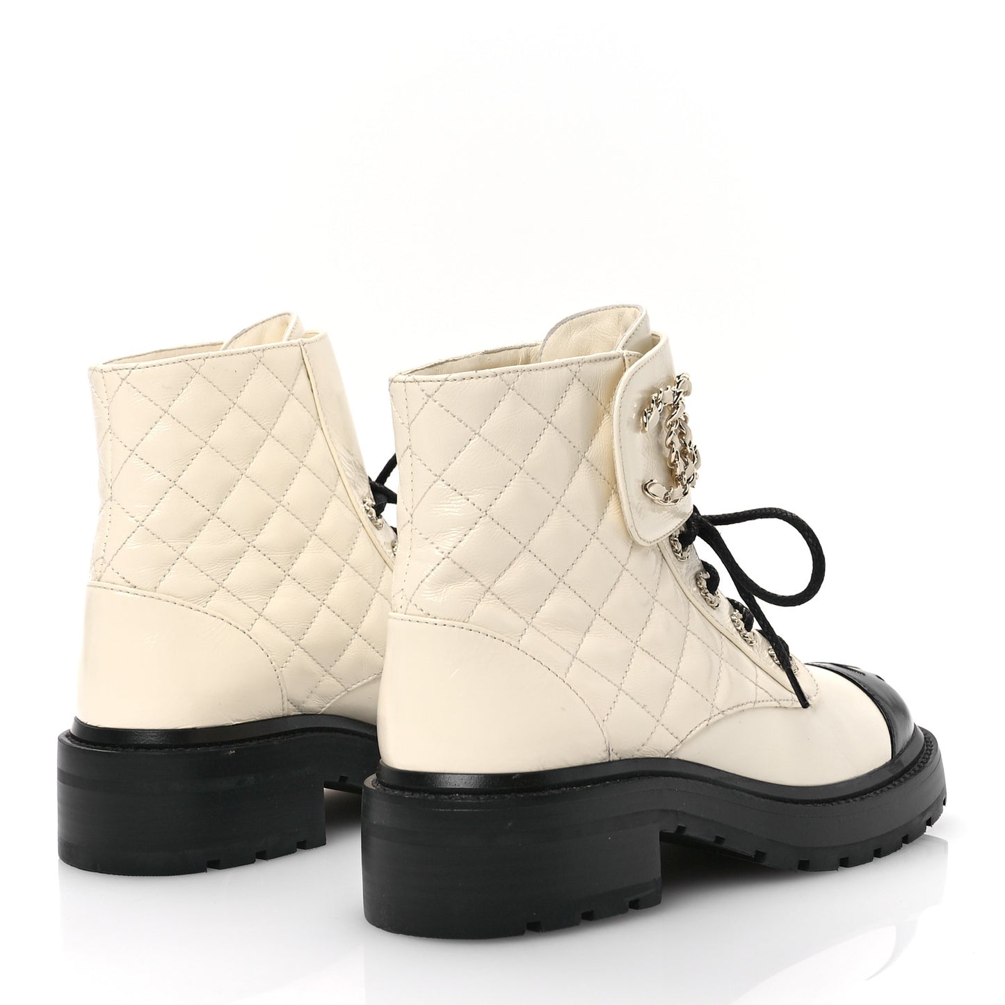 Shiny Lambskin Quilted Lace Up Combat Boots 36 White Black