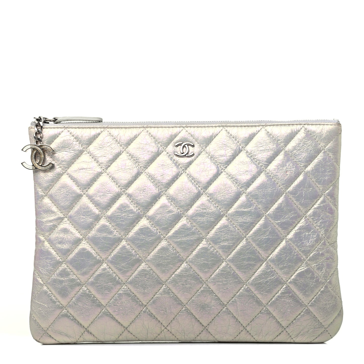 Iridescent Crumpled Calfskin CC Ripples Medium Cosmetic Case White