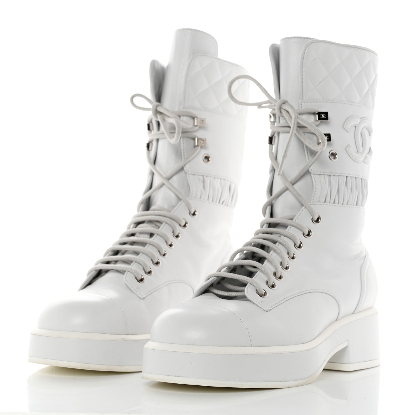 Lambskin Quilted Lace Up Combat Boots 36.5 White