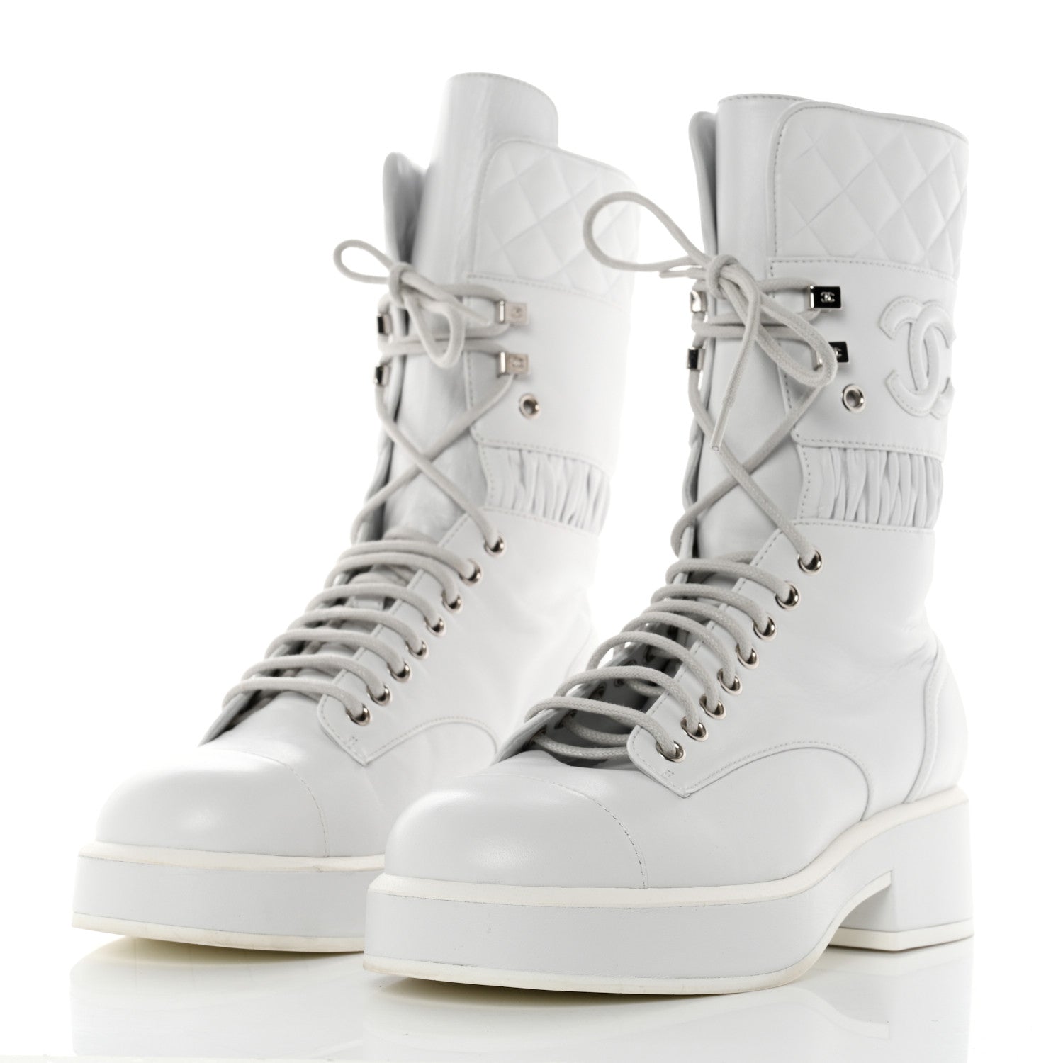 Chanel Lambskin Quilted Lace Up Combat Boots 36.5 White 3 of 9