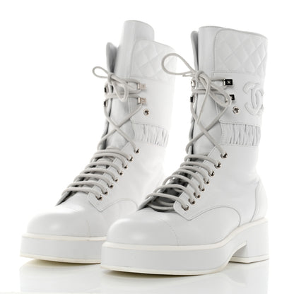 Chanel Lambskin Quilted Lace Up Combat Boots 36.5 White 3 of 9