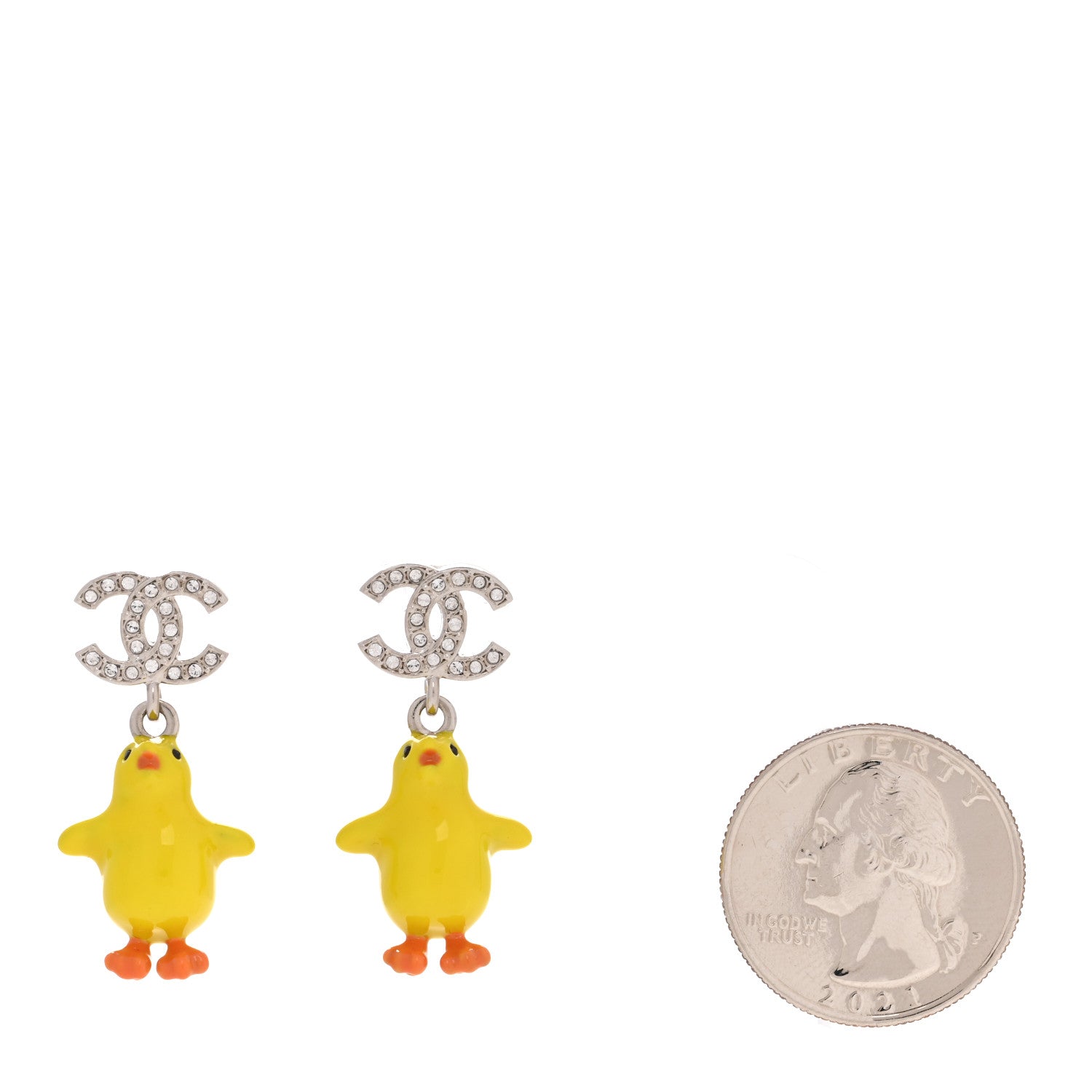 Chanel Metal Resin Strass Crystal CC Baby Chick Pendant Earrings Silver Yellow Orange 2 of 5