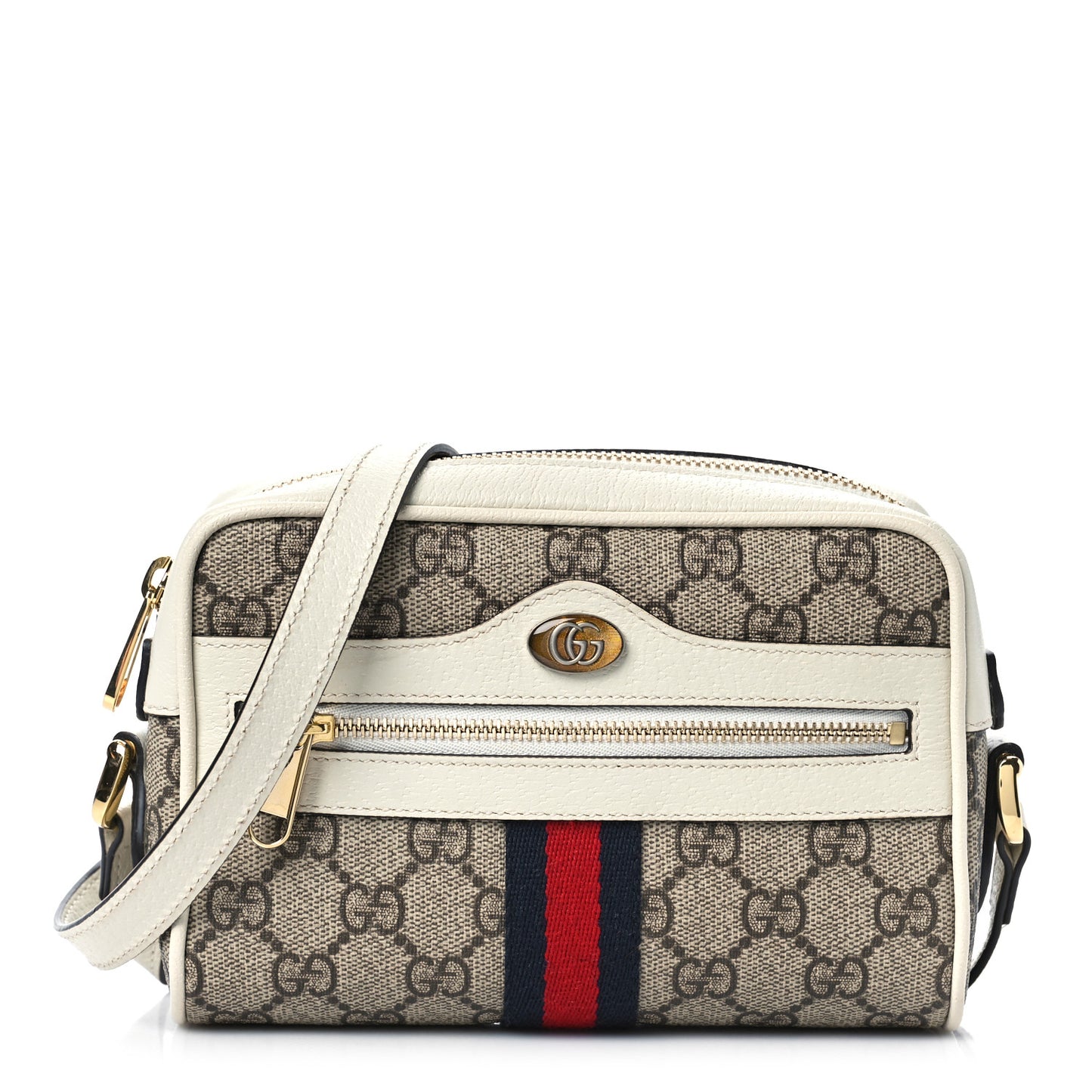 GG Supreme Monogram Textured Calfskin Web Mini Ophidia Shoulder Bag Beige Ebony Mystic White