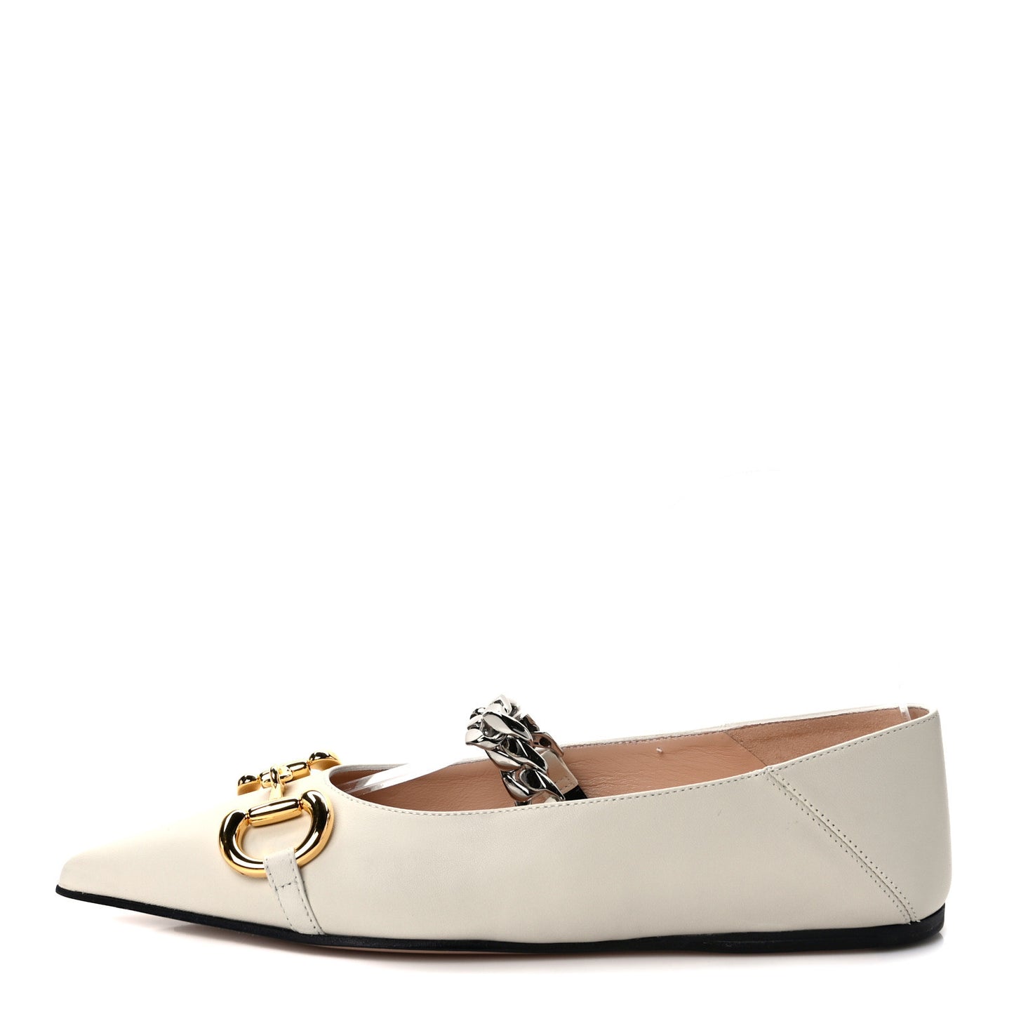 Nappa Lumiere Deva Horsebit Chain Embellished Flats 35.5 Dusty White