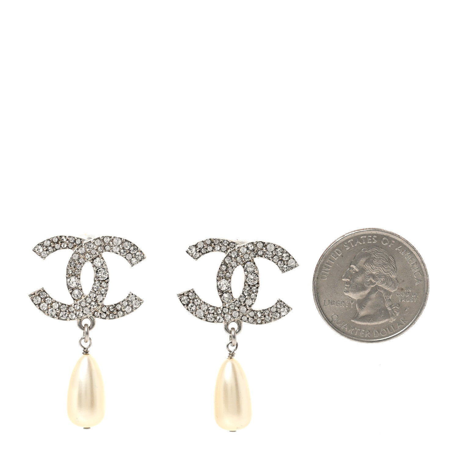 Chanel Pearl Crystal CC Drop Earrings Silver Pearly White 2 of 5