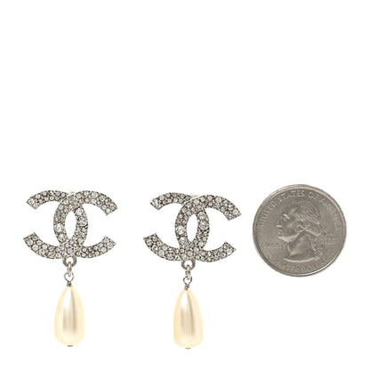 Chanel Pearl Crystal CC Drop Earrings Silver Pearly White 2 of 5
