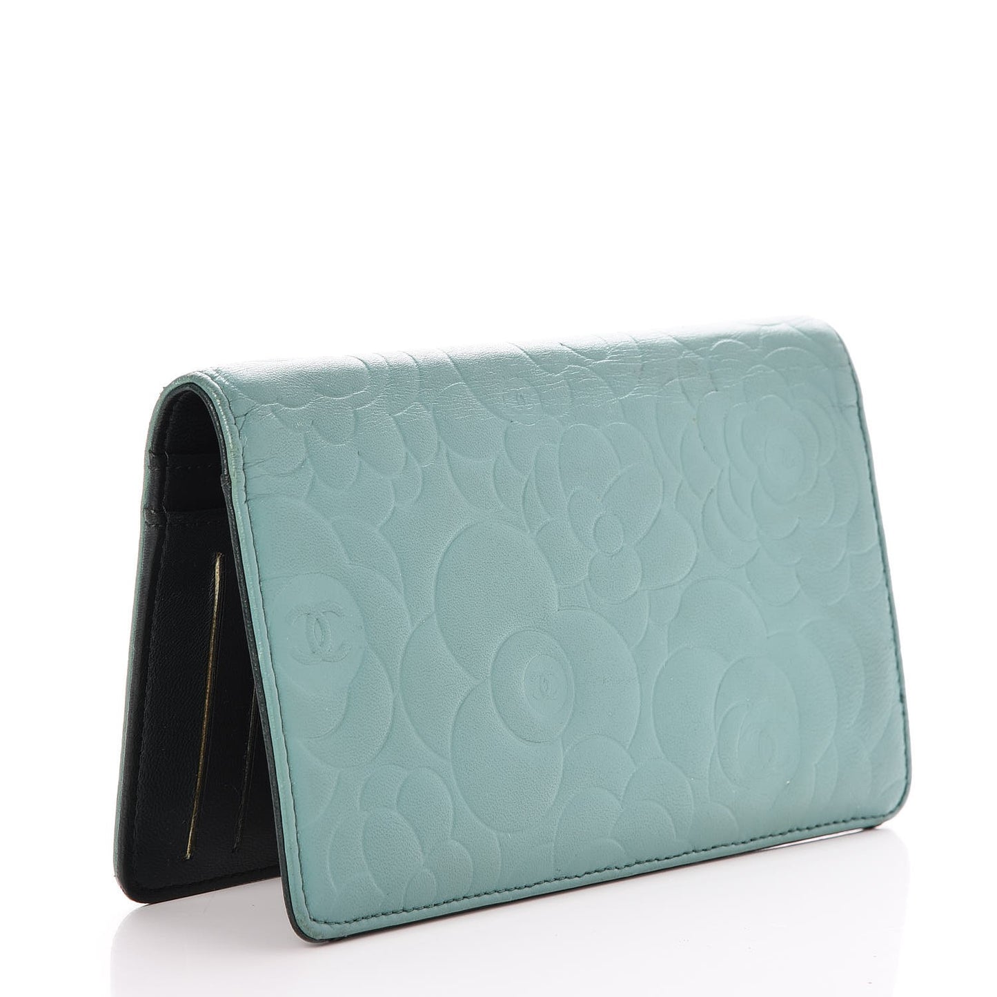 Lambskin Camellia Embossed Yen Wallet Green