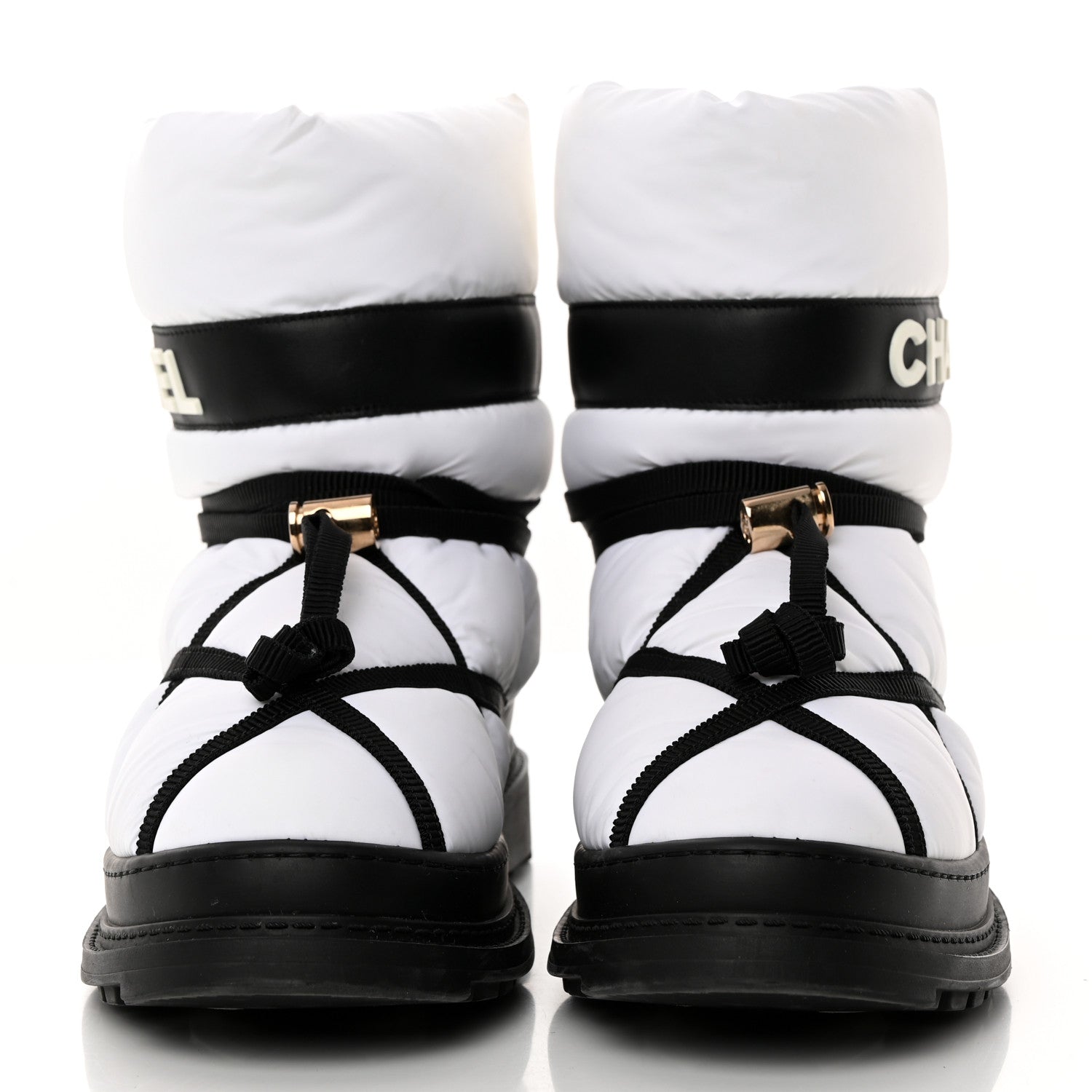Chanel Calfskin Nylon Grosgrain CC Ankle Snow Boots 39 White Black 2 of 10