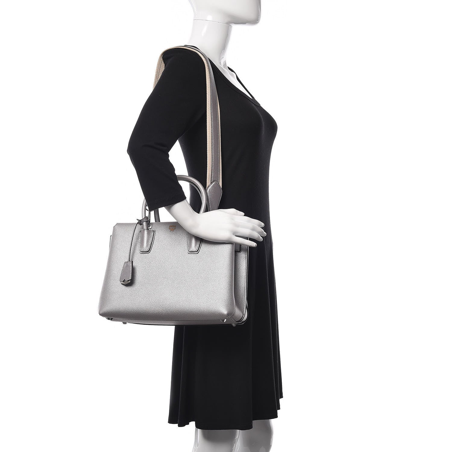 MCM Metallic Grained Calfskin Medium Milla Tote Spike Silver 2 of 13