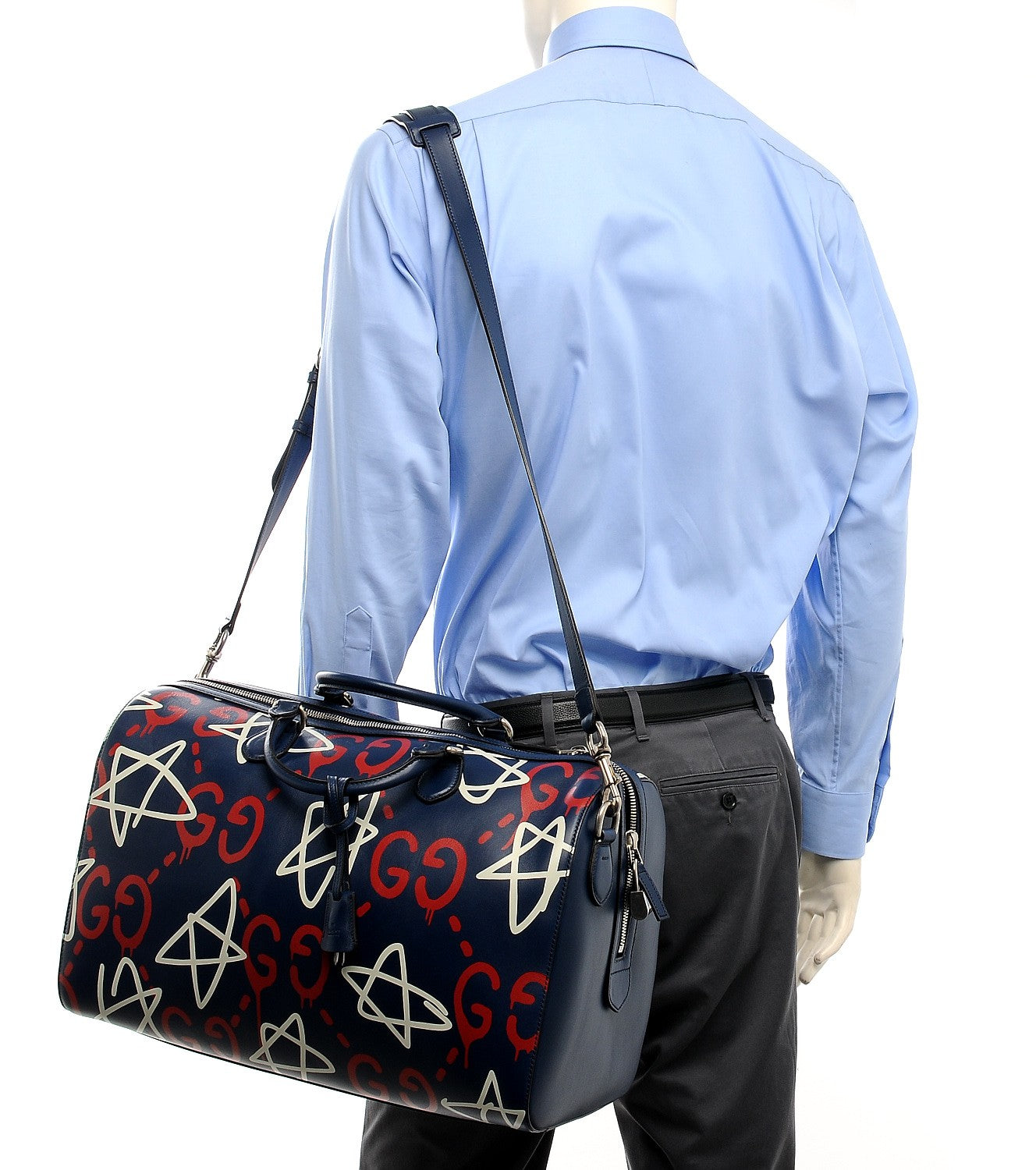 Calfskin GucciGhost Print Duffle Blue Agata Hibiscus Red