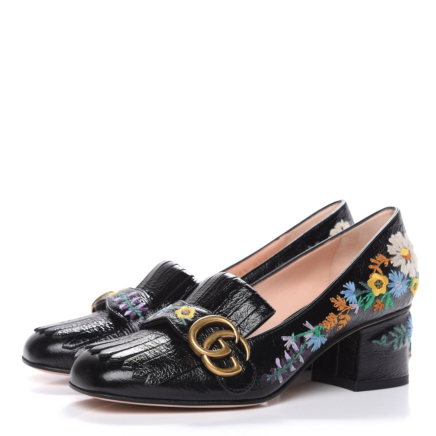 Skipper Calfskin Floral Embroidered GG Marmont Fringe 50mm Loafer Pumps 36.5 Black