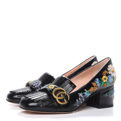 Gucci Skipper Calfskin Floral Embroidered GG Marmont Fringe 50mm Loafer Pumps 36.5 Black 3 of 11