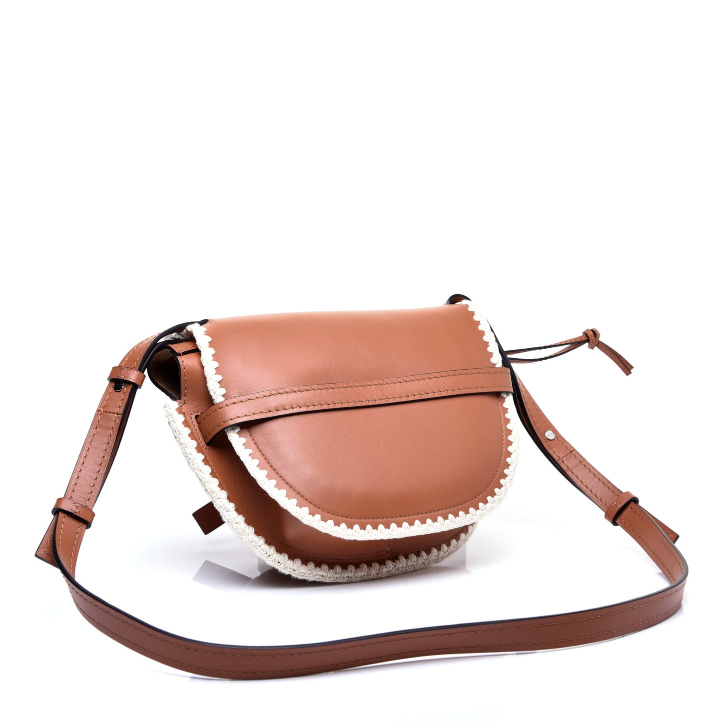 Calfskin Crochet Trim Small Gate Crossbody Bag Tan