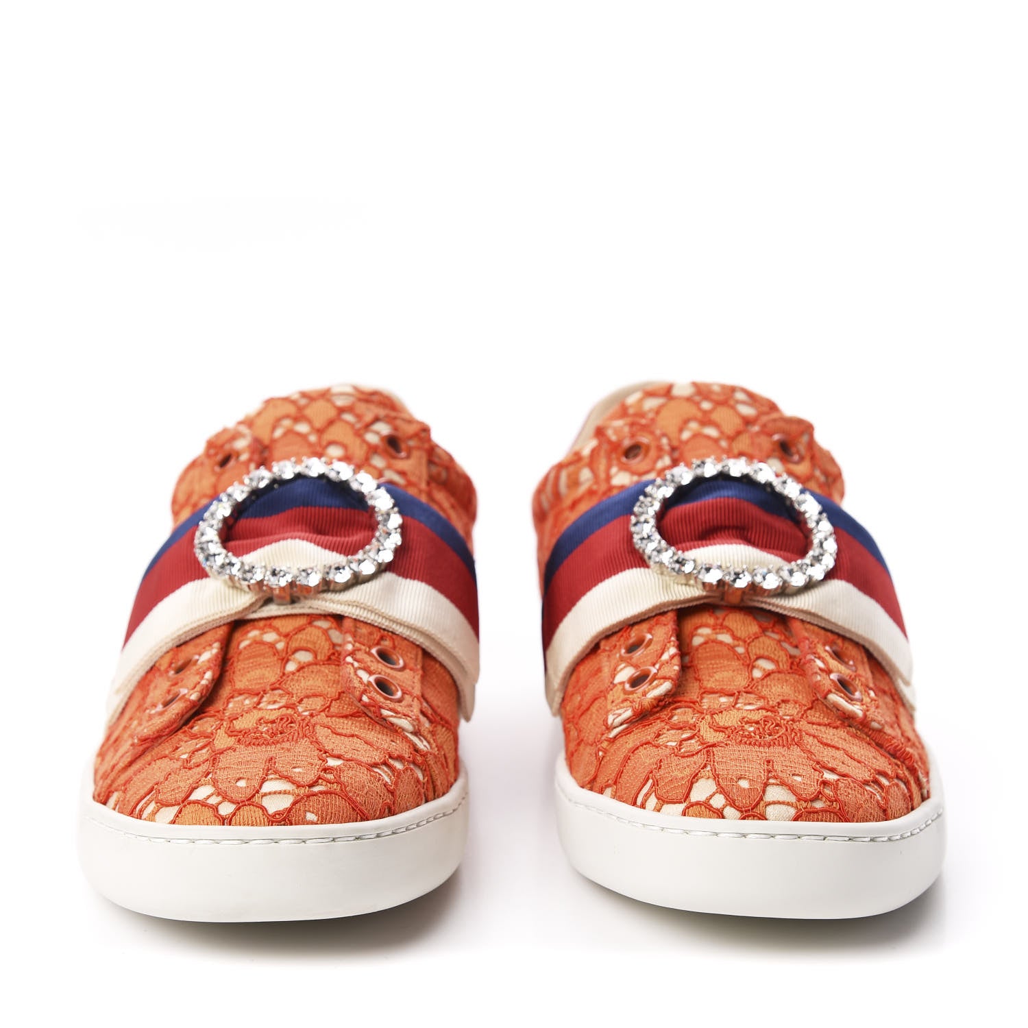 Gucci Lace Crystal Sylvie Web Flower Leaf Womens Ace Sneakers 35.5 Hot Orange Tan Beige 3 of 11