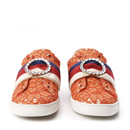 Gucci Lace Crystal Sylvie Web Flower Leaf Womens Ace Sneakers 35.5 Hot Orange Tan Beige 3 of 11
