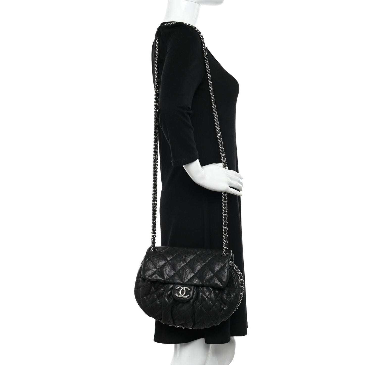 Washed Lambskin Quilted Medium Chain Around Messenger Black
