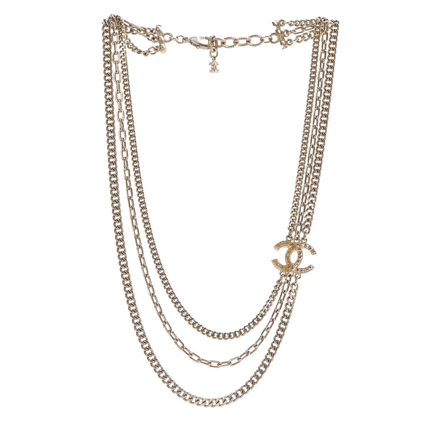 Gripoix Baguette Crystal CC Multi Strand Chain Necklace Gold