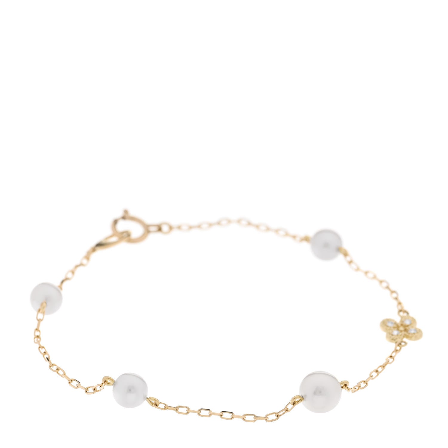 Mikimoto 18K Yellow Gold Diamond Akoya Cultured Pearl 4.5-5mm Clover Charm Bracelet 1 of 6